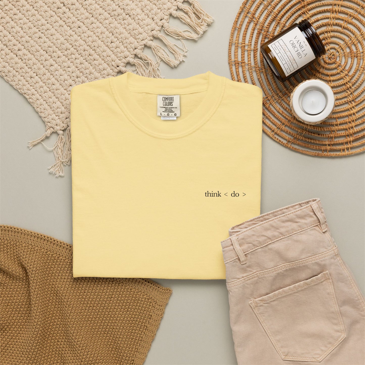 think < do > Embroidered Unisex T-Shirt | Espresso Thread with Momentum Sleeve Detail | Minimalist Everyday Tee