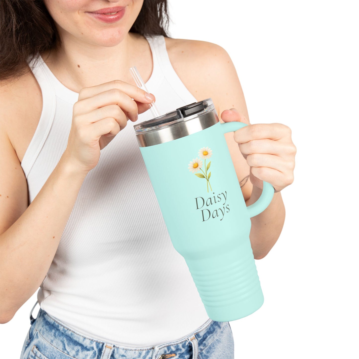 Daisy Days 40 oz Insulated Travel Mug | Floral Tumbler with Handle | Simple Daisy Drinkware