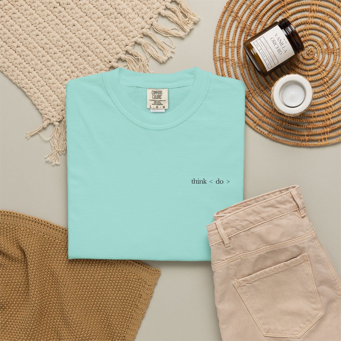think < do > Embroidered Unisex T-Shirt | Espresso Thread with Momentum Sleeve Detail | Minimalist Everyday Tee