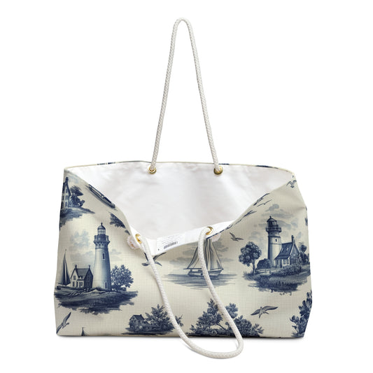 New England Coastal Heritage Weekender Bag | Vintage Blue & Ivory Travel Tote