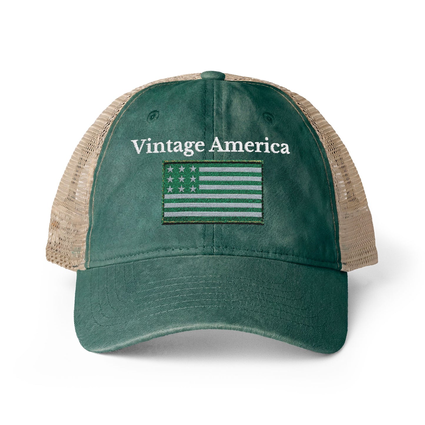 Vintage America Women’s Washed Mesh-Back Cap – Embroidered Olive Heritage Flag Hat