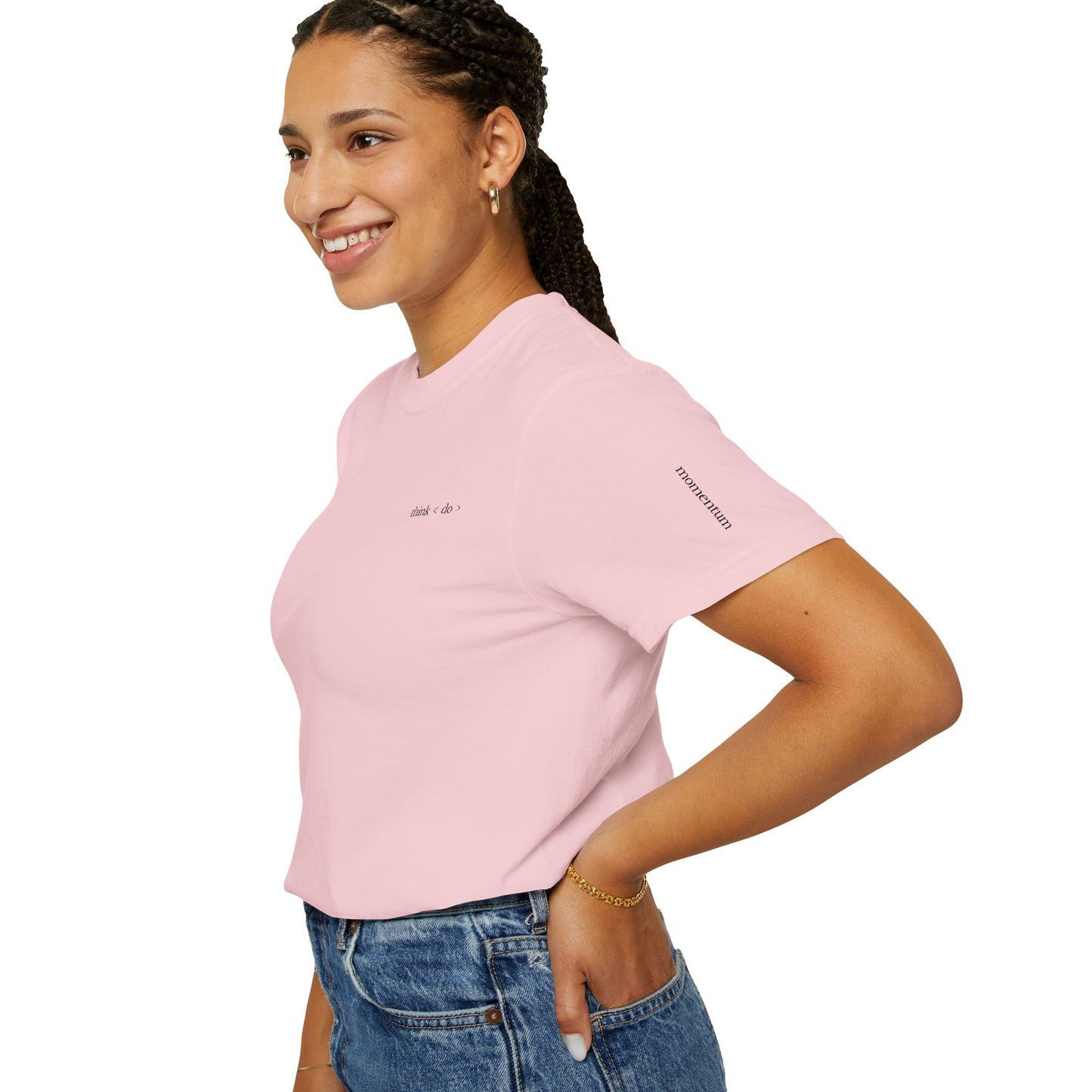 think < do > Embroidered Unisex T-Shirt | Espresso Thread with Momentum Sleeve Detail | Minimalist Everyday Tee