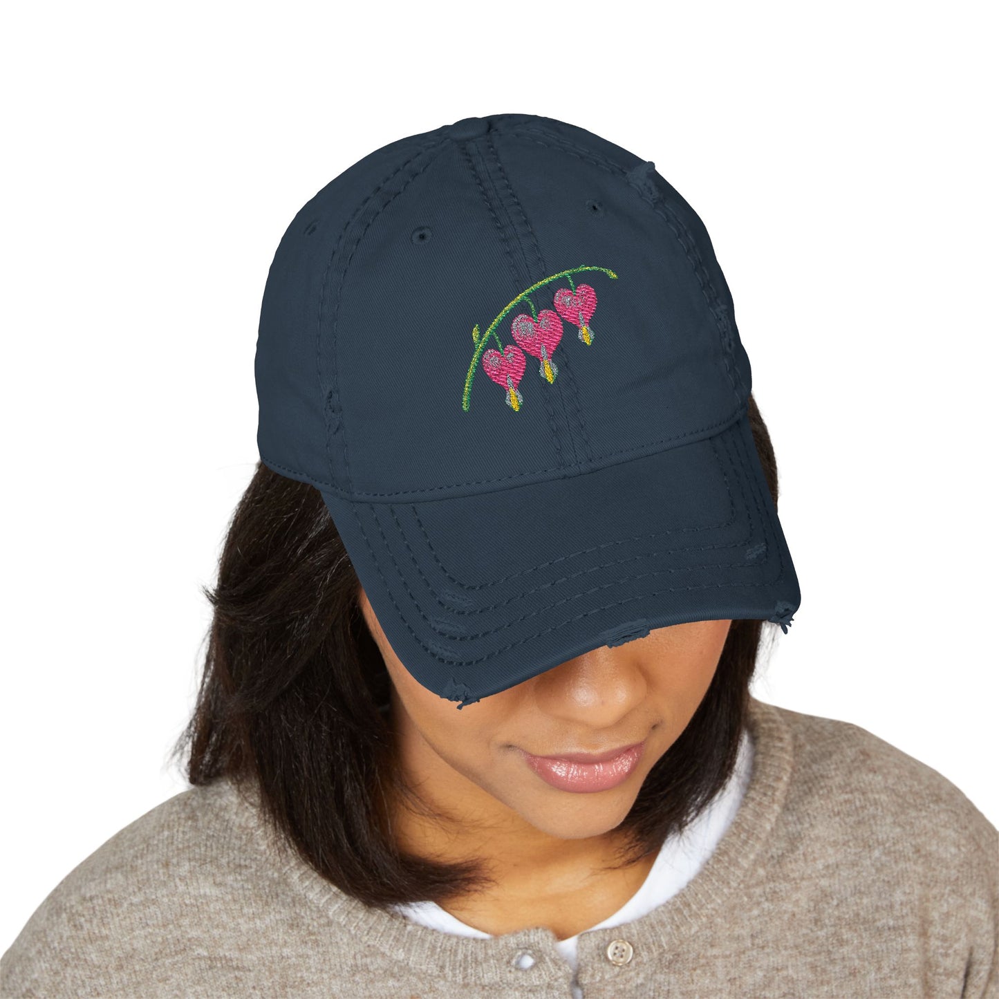 Embroidered Distressed Dad Hat — Bleeding Heart Floral with “Mom” Back