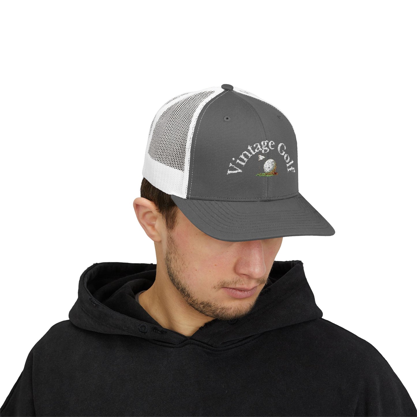Vintage Golf Trucker Cap – Embroidered Golf Ball Flag Hat – Heritage Style Golf Hat