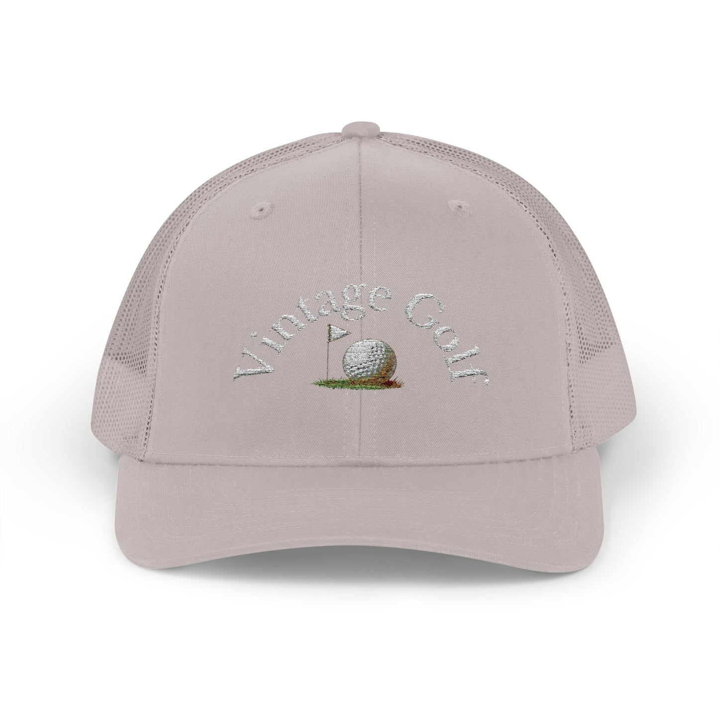 Vintage Golf Trucker Cap – Embroidered Golf Ball Flag Hat – Heritage Style Golf Hat