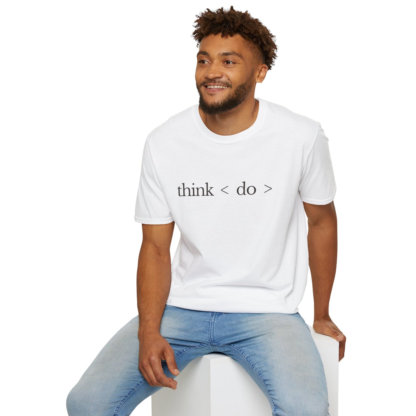 think < do > Unisex Softstyle T-Shirt | Minimalist Inspirational Tee with Momentum Back Detail