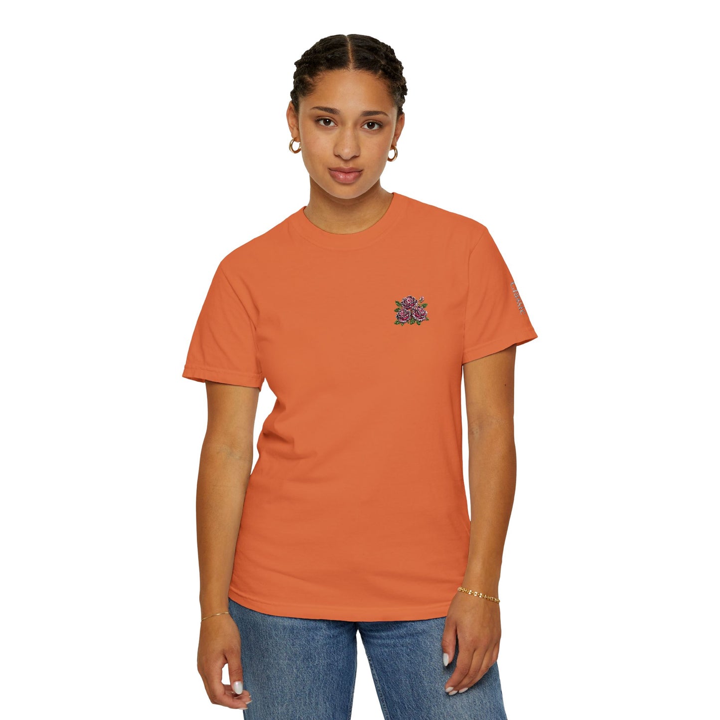 Simple Rose Bouquet Embroidered T-Shirt with Sleeve Detail