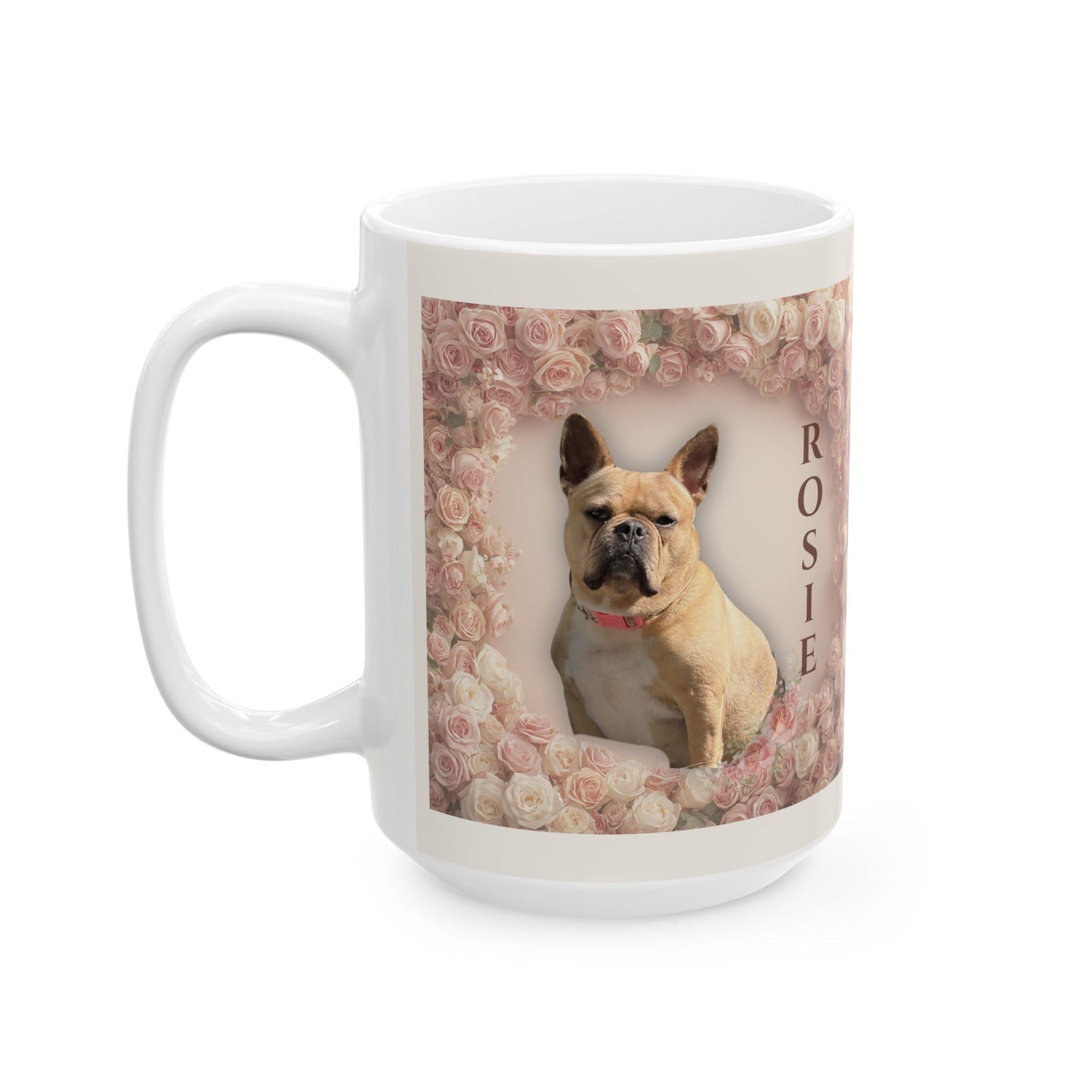 Personalized Floral Dog Mug - 'Rosie’ French Bulldog Ceramic Coffee Cup (15oz)