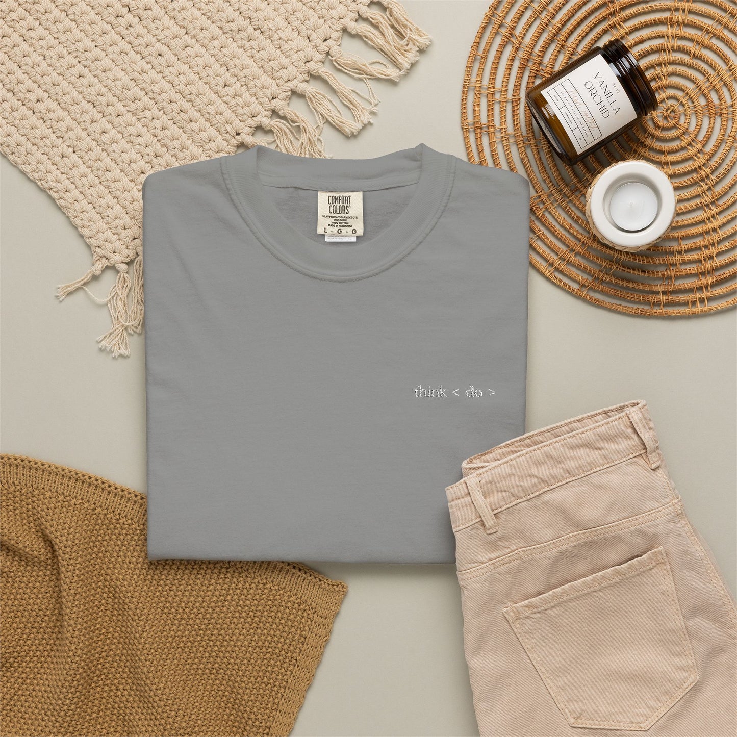 Think < Do > Embroidered Unisex T-Shirt | Minimalist Everyday Tee | Ivory Thread