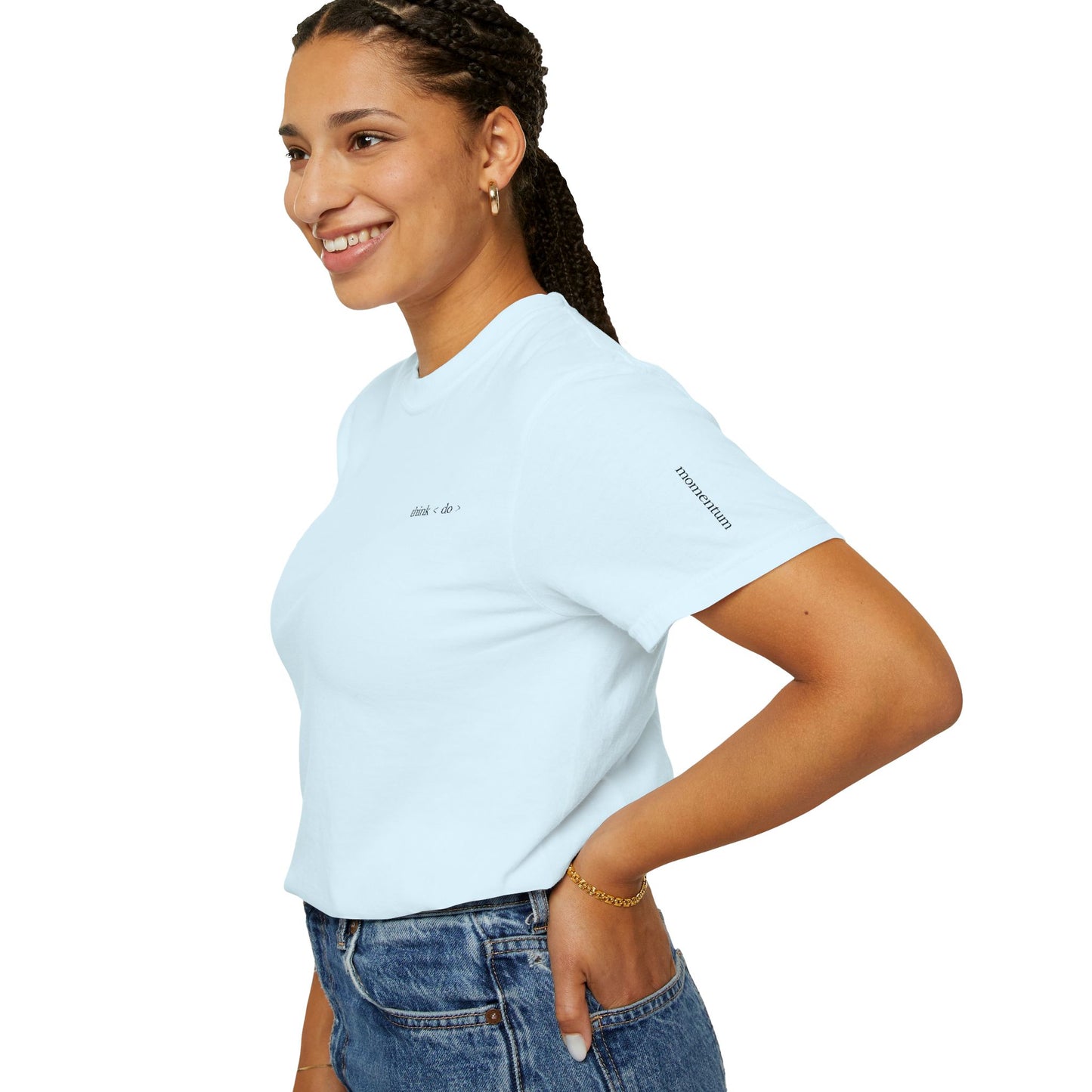 think < do > Embroidered Unisex T-Shirt | Espresso Thread with Momentum Sleeve Detail | Minimalist Everyday Tee
