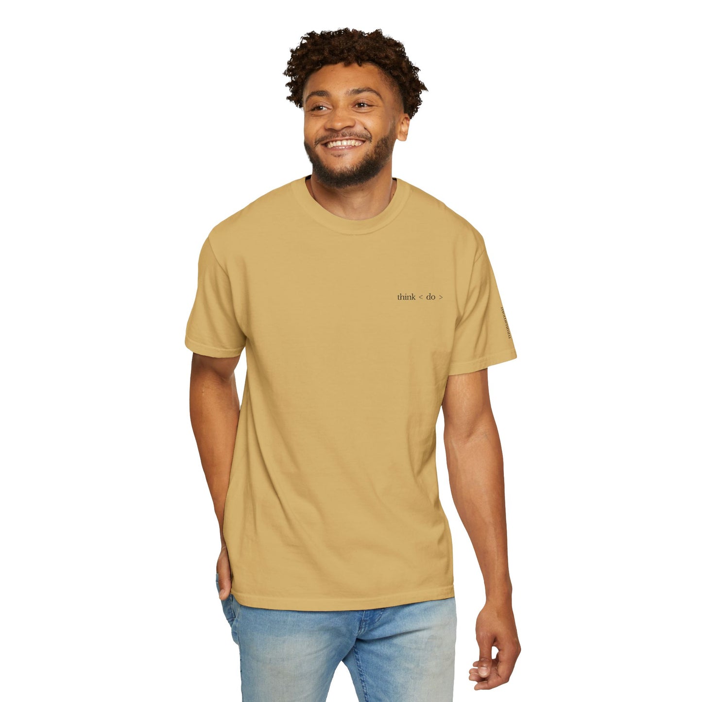think < do > Embroidered Unisex T-Shirt | Espresso Thread with Momentum Sleeve Detail | Minimalist Everyday Tee