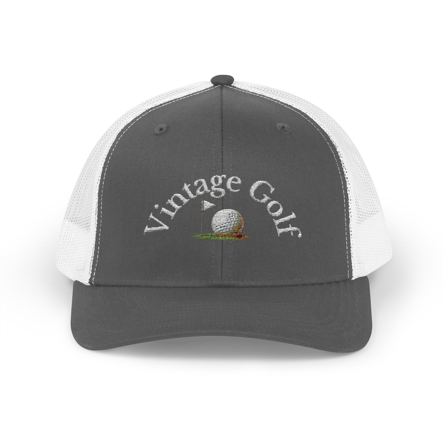 Vintage Golf Trucker Cap – Embroidered Golf Ball Flag Hat – Heritage Style Golf Hat