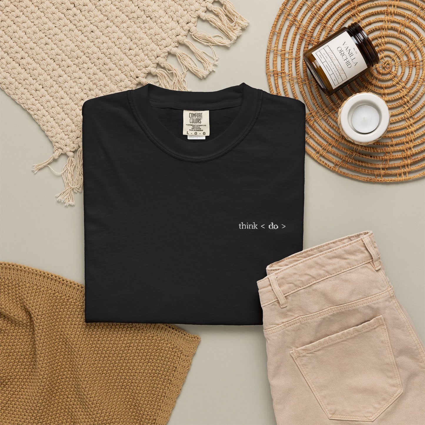 Think < Do > Embroidered Unisex T-Shirt | Minimalist Everyday Tee | Ivory Thread