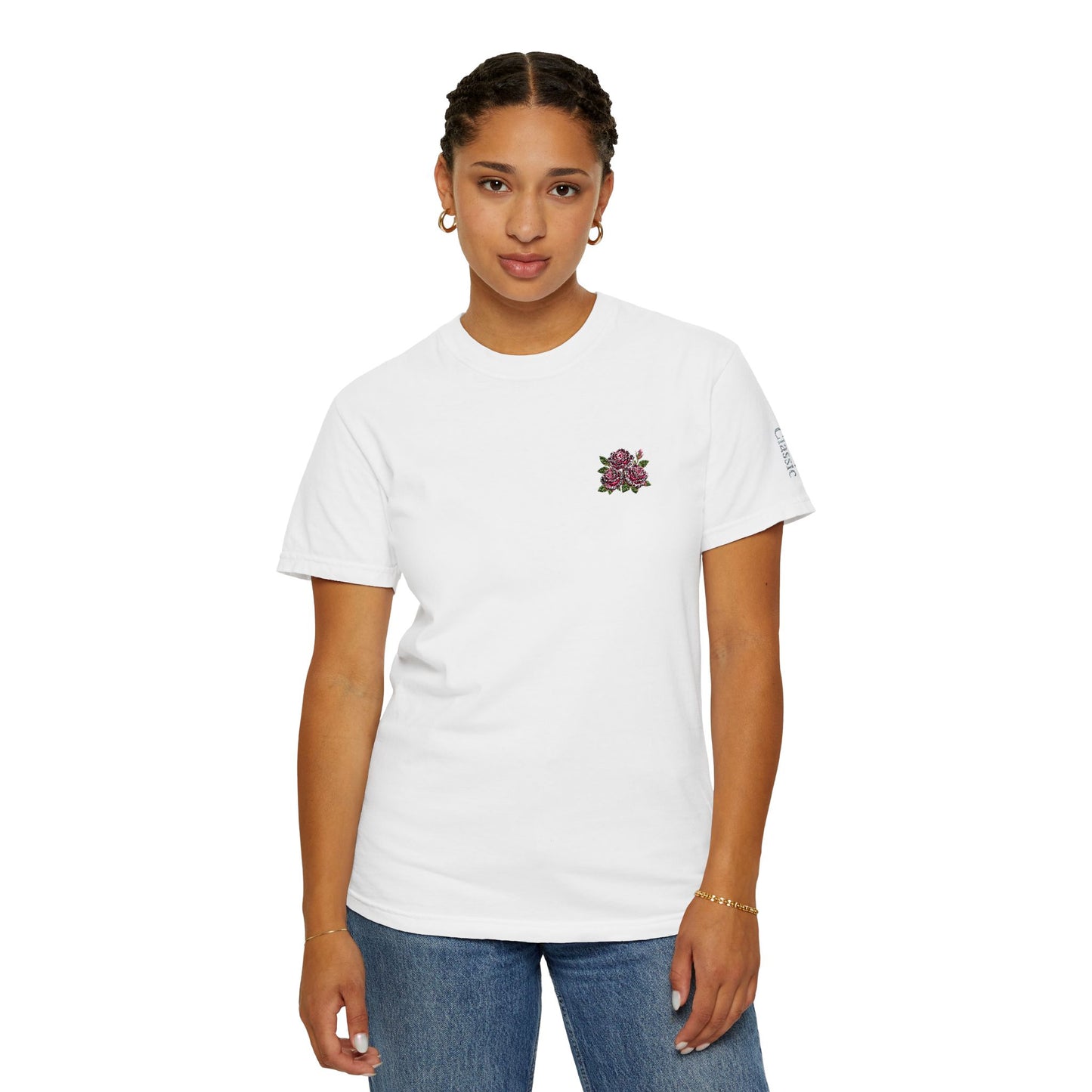 Simple Rose Bouquet Embroidered T-Shirt with Sleeve Detail
