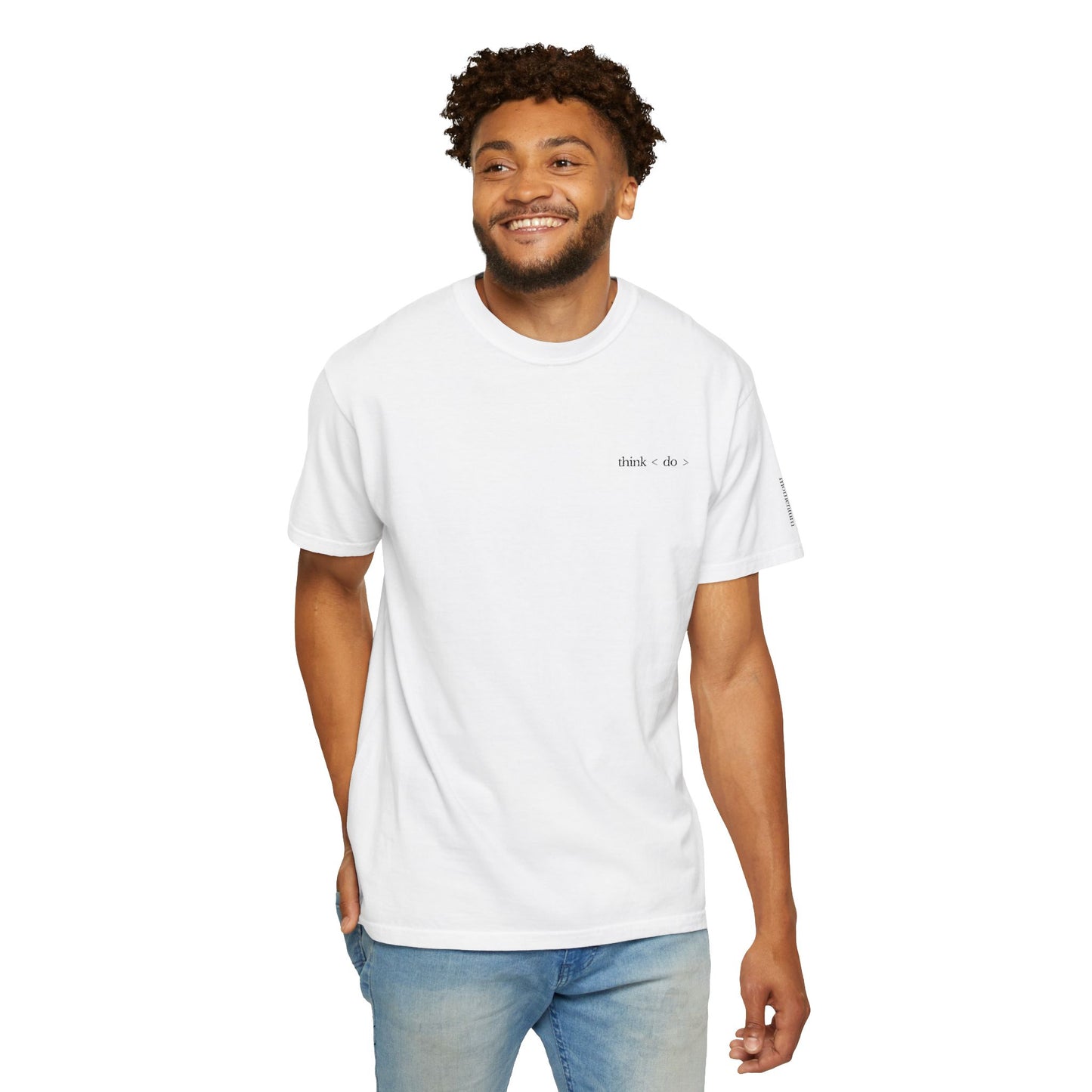 think < do > Embroidered Unisex T-Shirt | Espresso Thread with Momentum Sleeve Detail | Minimalist Everyday Tee