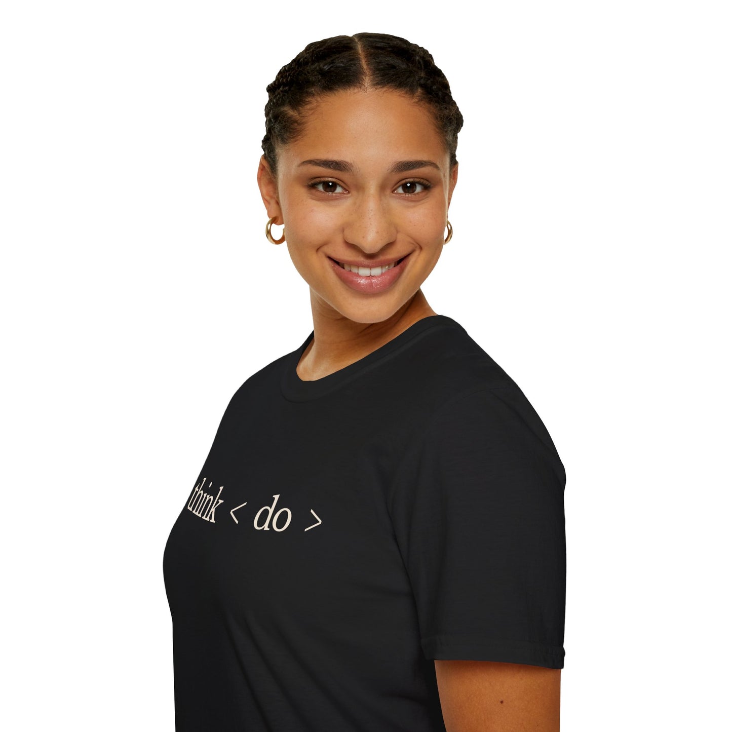 think < do > Unisex Softstyle T-Shirt | Minimalist Inspirational Tee with Momentum Back Detail