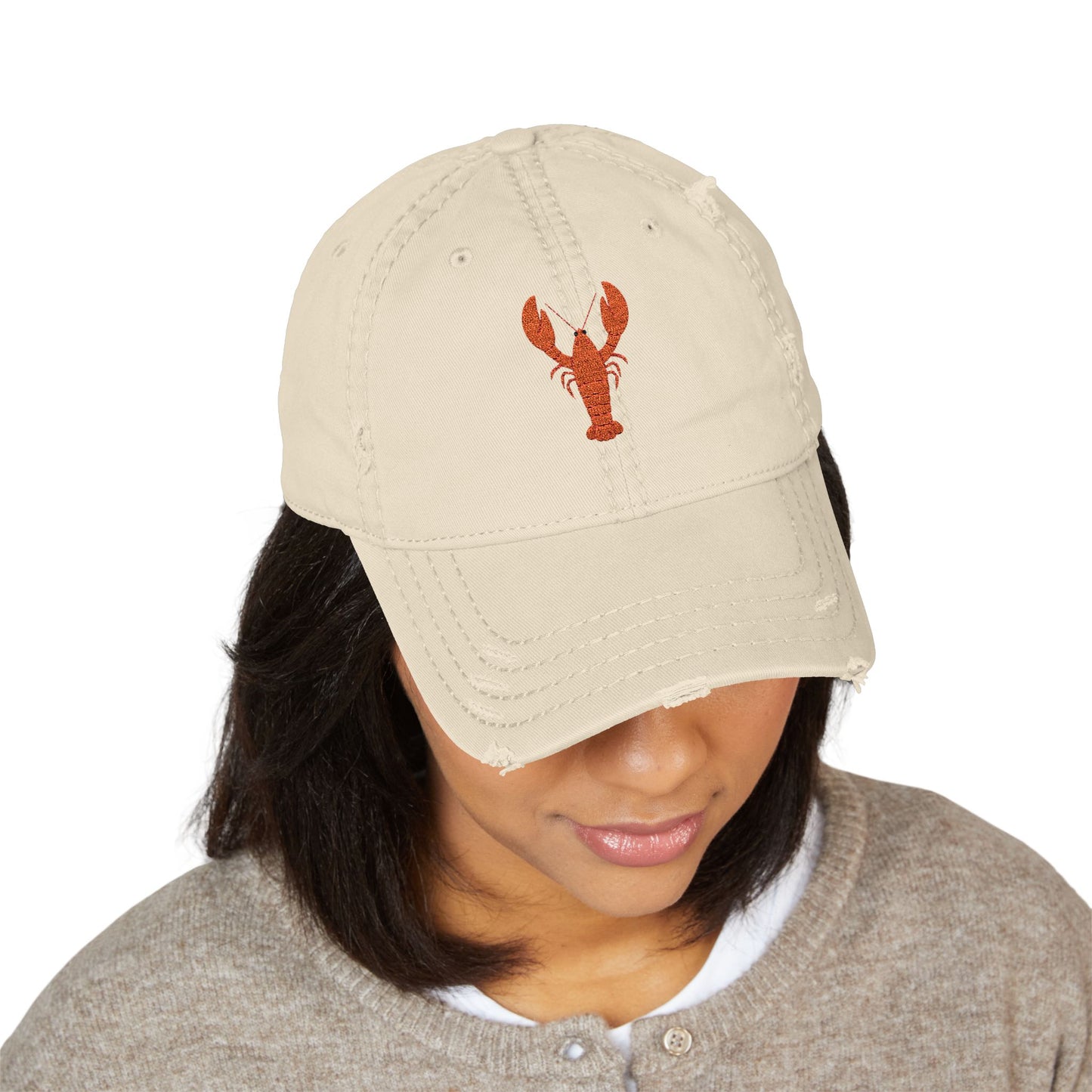 Distressed Embroidered Lobster Dad Hat — Vintage Washed Baseball Cap