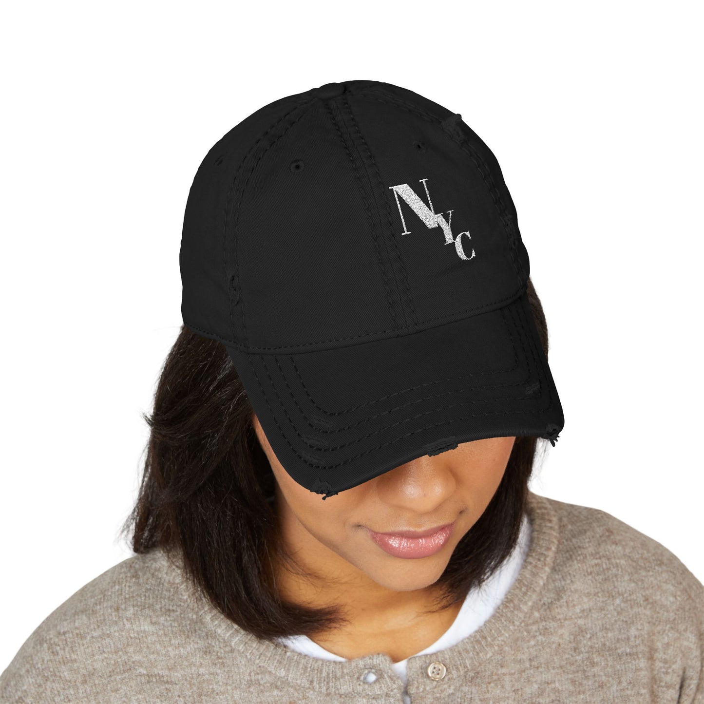 NYC Monogram Distressed Dad Hat (Embroidery) Minimalist Faith Hat with Cross/Vintage Style Cap