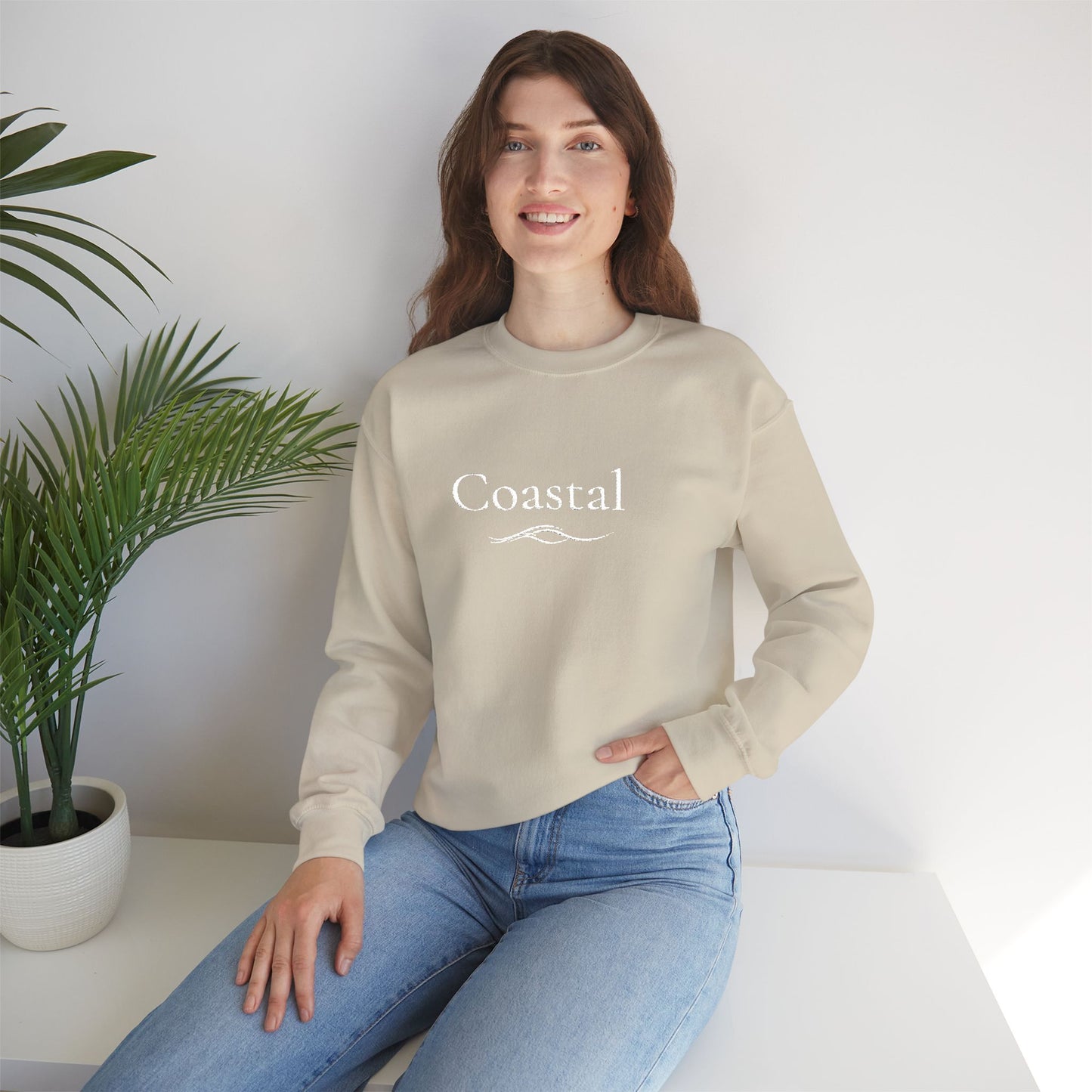 Coastal Crewneck Sweatshirt — Minimal Nautical Wave Graphic