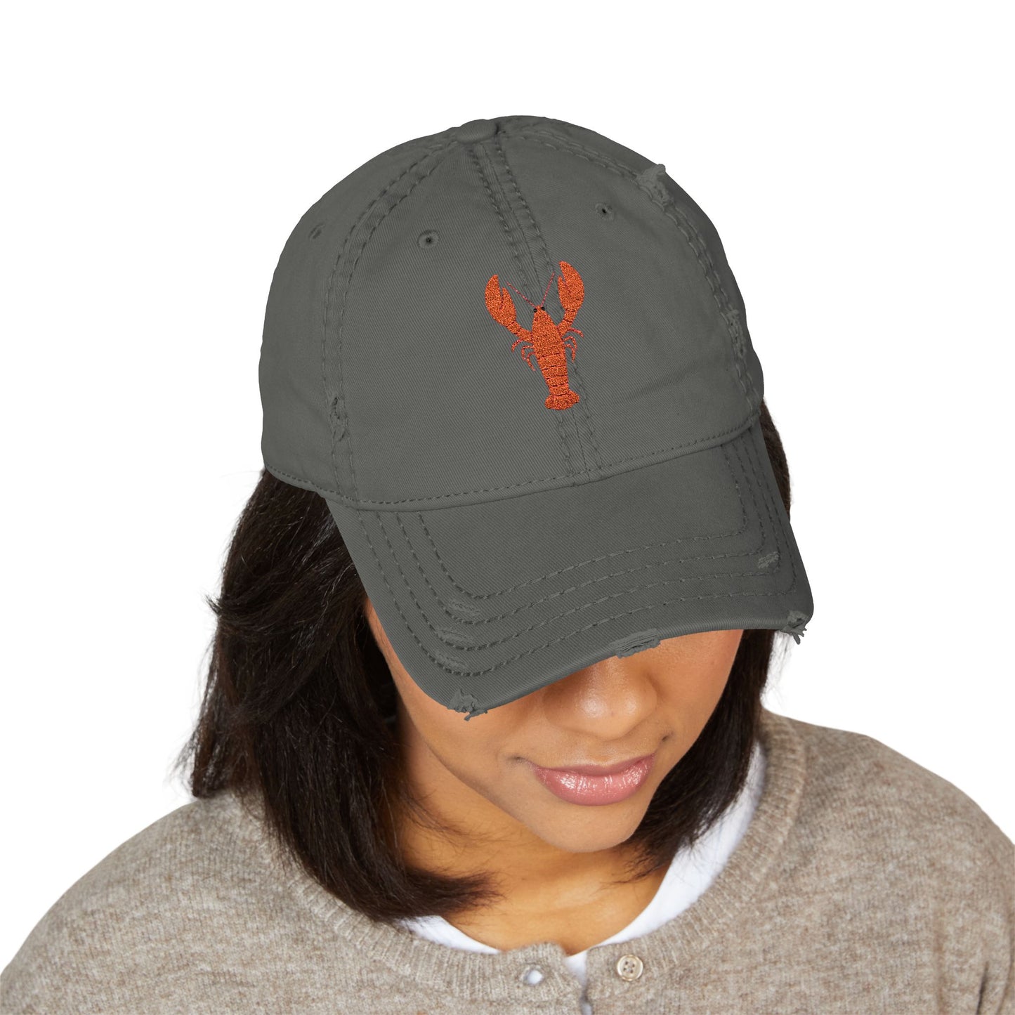 Distressed Embroidered Lobster Dad Hat — Vintage Washed Baseball Cap