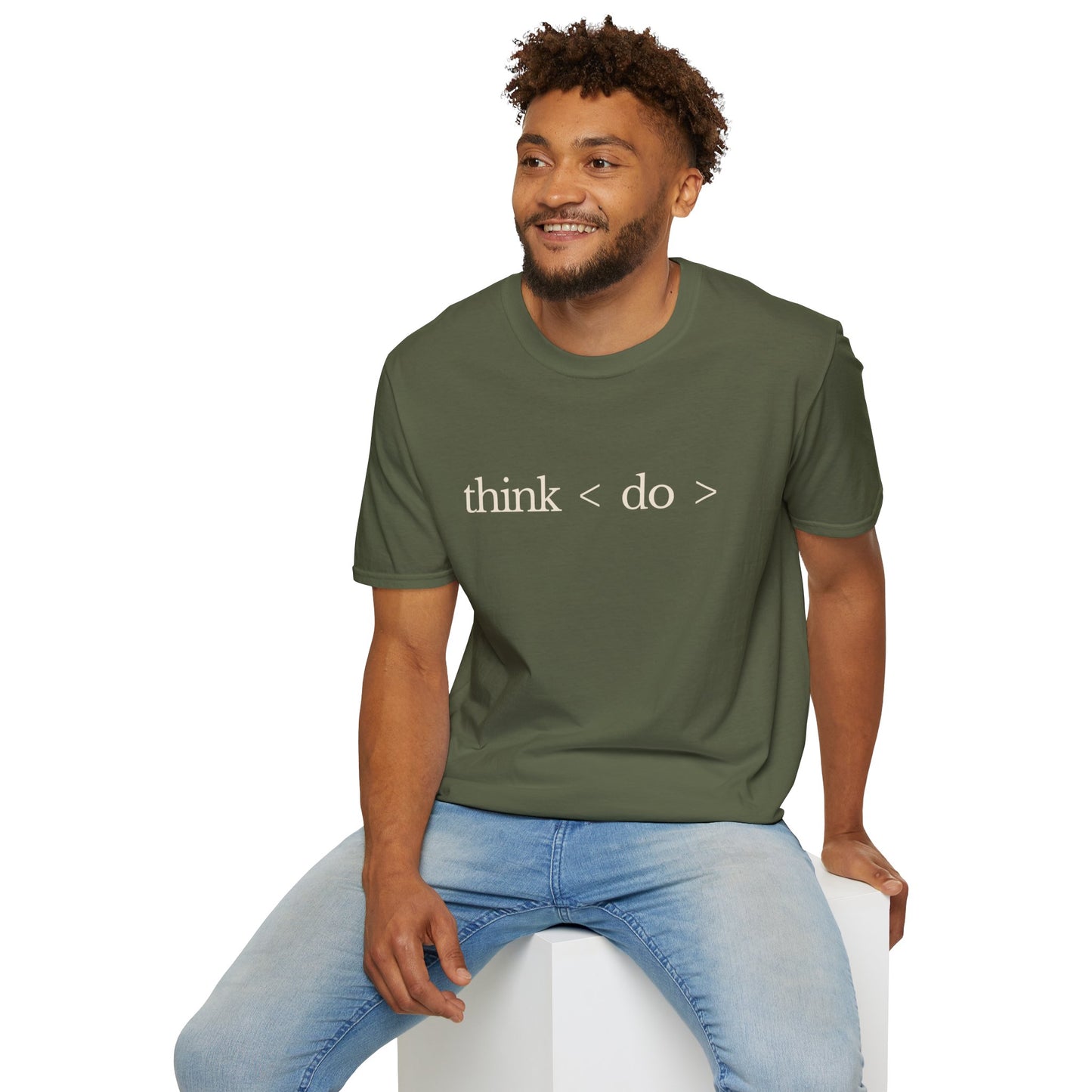 think < do > Unisex Softstyle T-Shirt | Minimalist Inspirational Tee with Momentum Back Detail