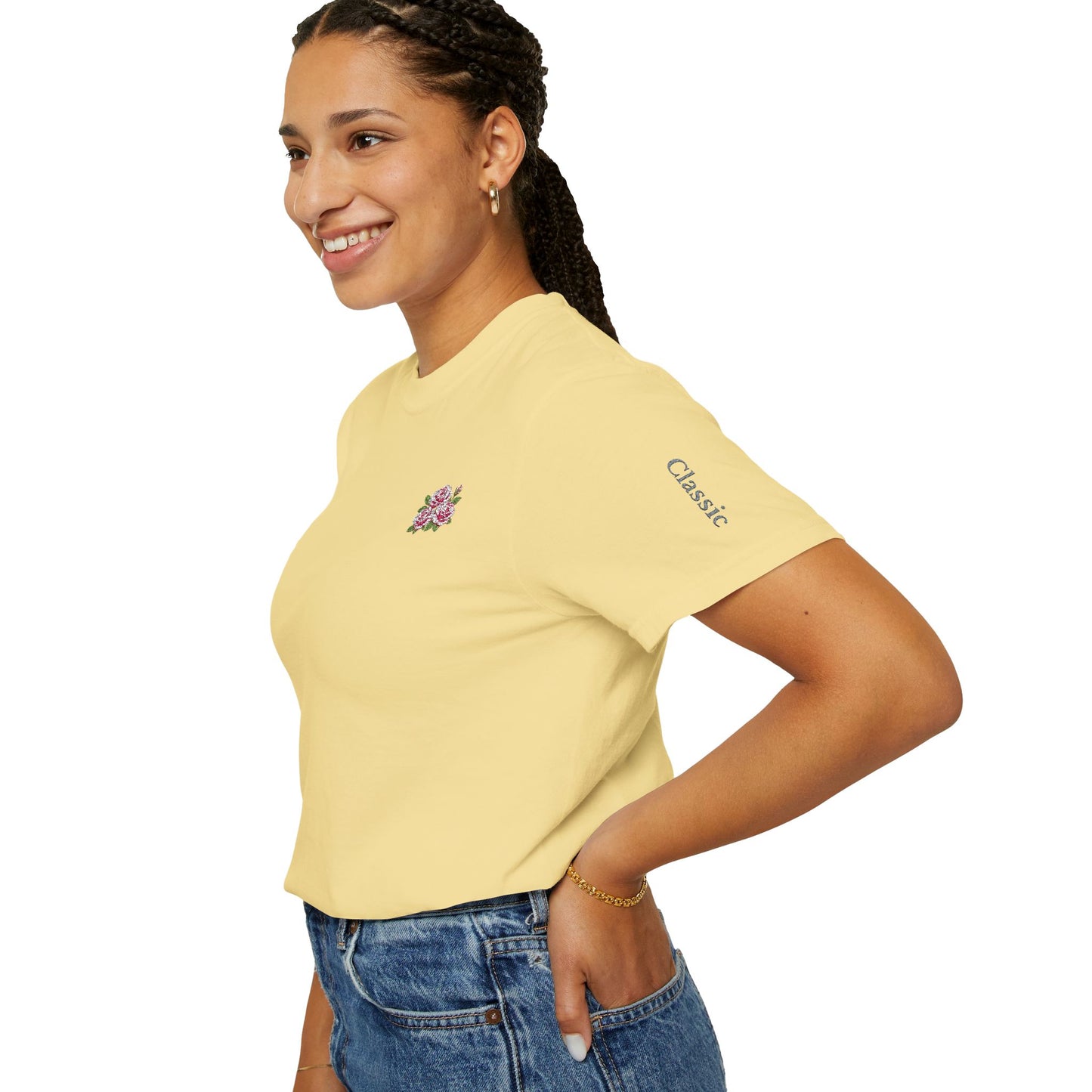 Simple Rose Bouquet Embroidered T-Shirt with Sleeve Detail