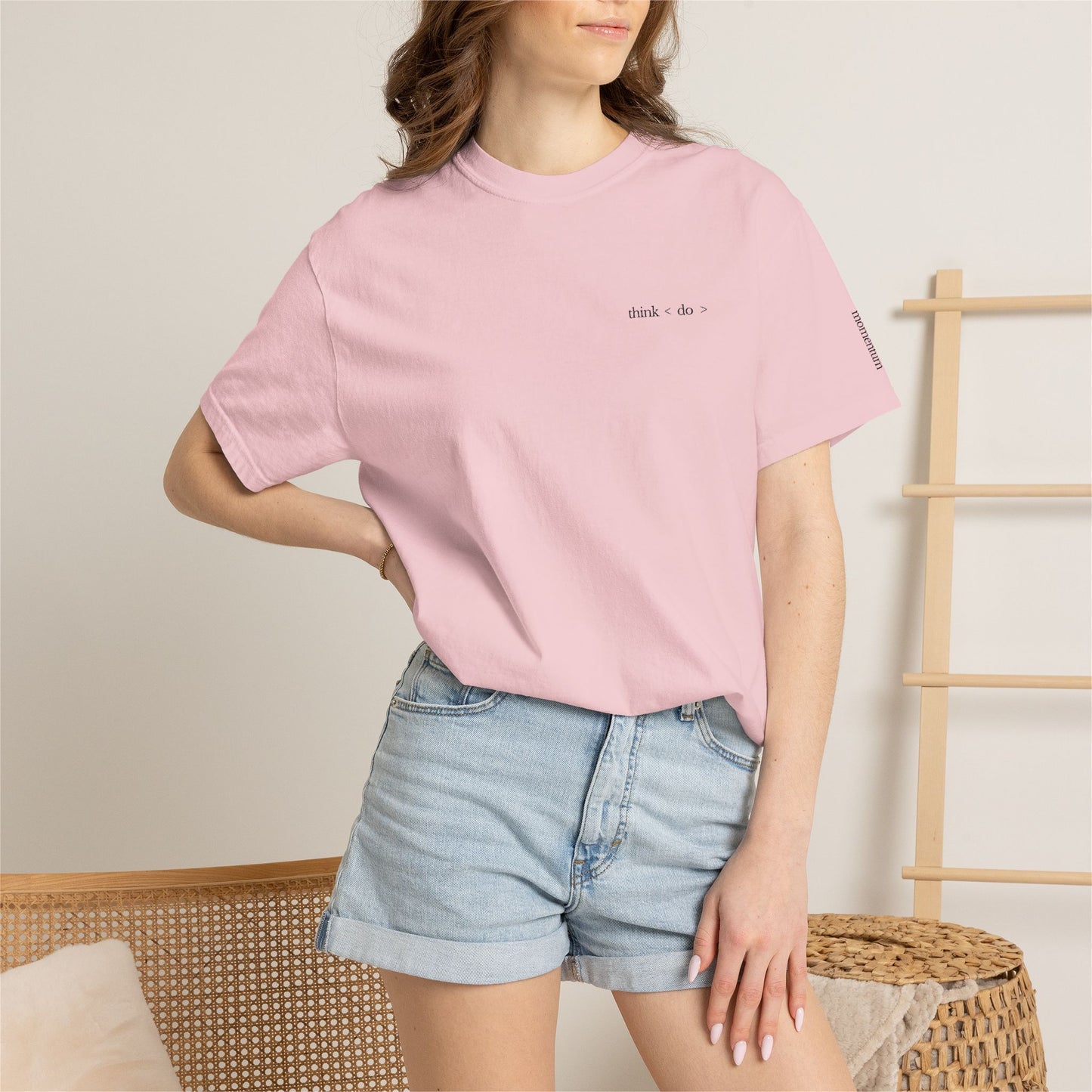 think < do > Embroidered Unisex T-Shirt | Espresso Thread with Momentum Sleeve Detail | Minimalist Everyday Tee