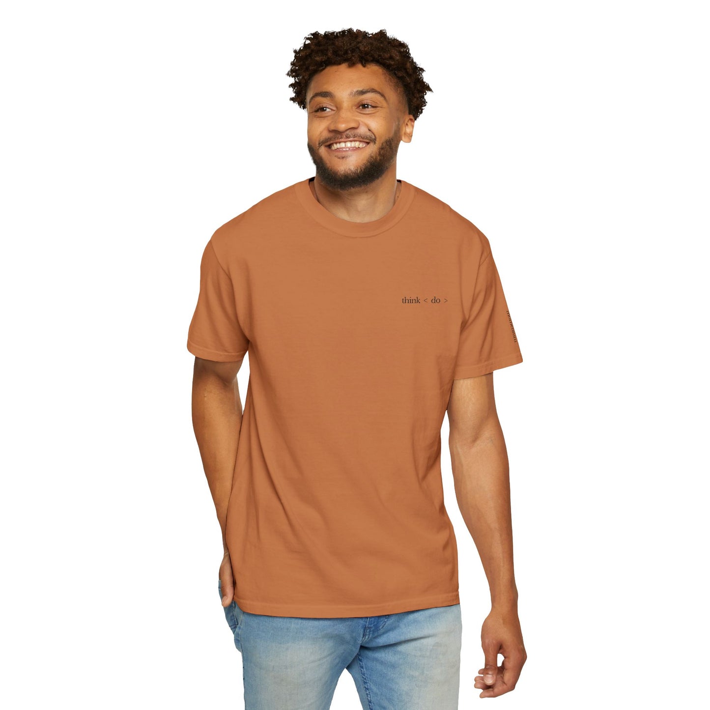 think < do > Embroidered Unisex T-Shirt | Espresso Thread with Momentum Sleeve Detail | Minimalist Everyday Tee