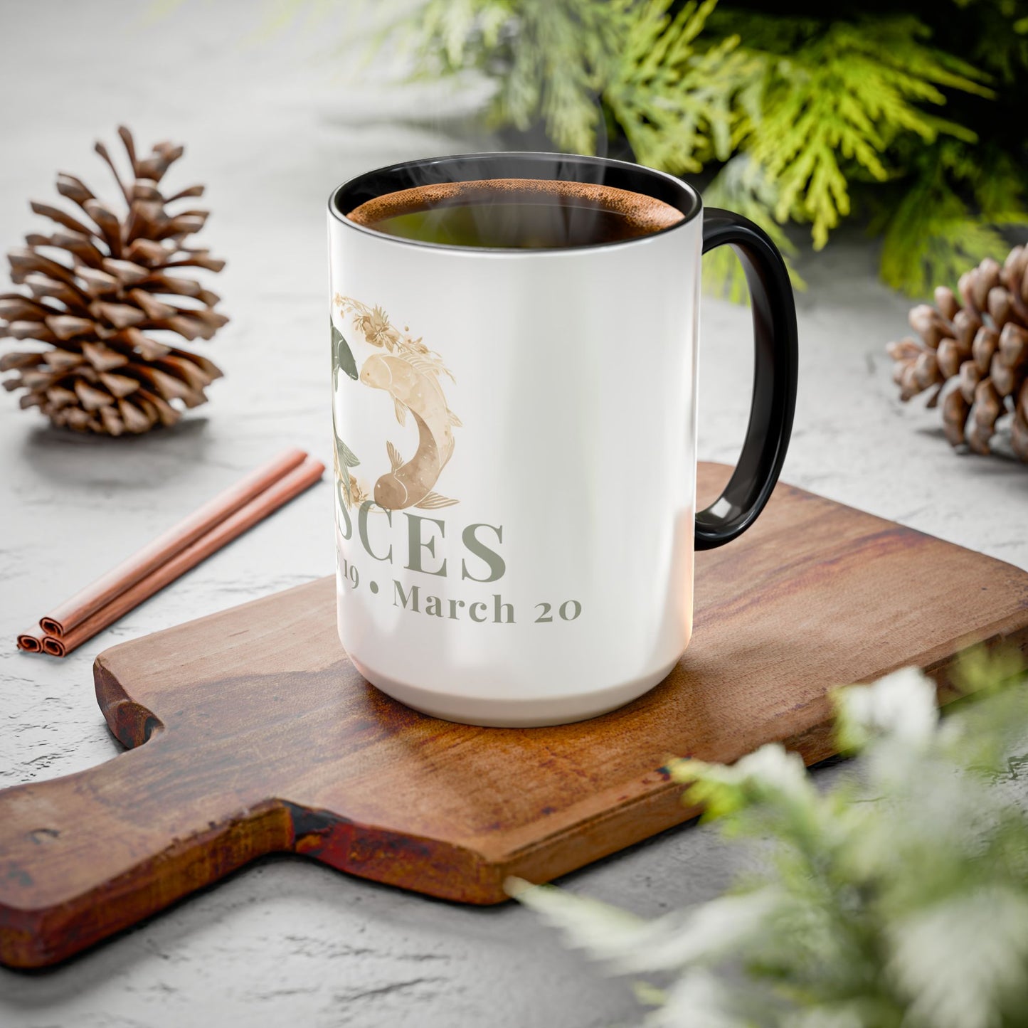 Pisces Zodiac Mug - February 19 - March 20 Astrology Coffee Cup - Two flowing fish Zodiac Sign Mug - 15 oz.