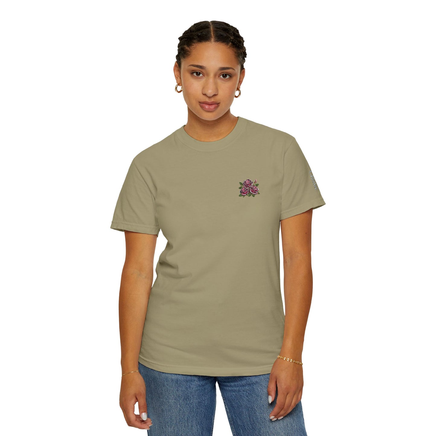 Simple Rose Bouquet Embroidered T-Shirt with Sleeve Detail