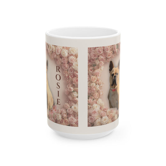 Personalized Floral Dog Mug - 'Rosie’ French Bulldog Ceramic Coffee Cup (15oz)