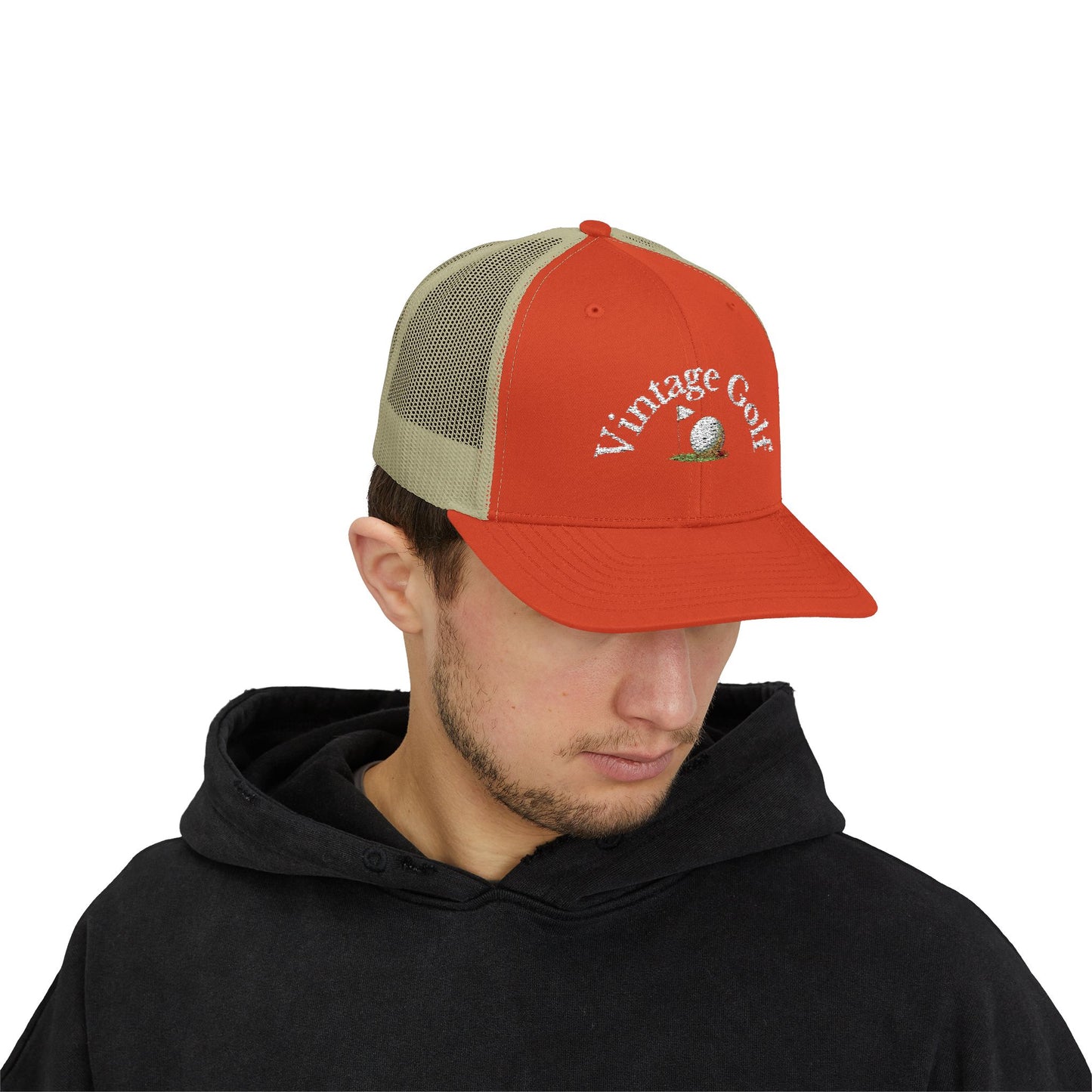 Vintage Golf Trucker Cap – Embroidered Golf Ball Flag Hat – Heritage Style Golf Hat