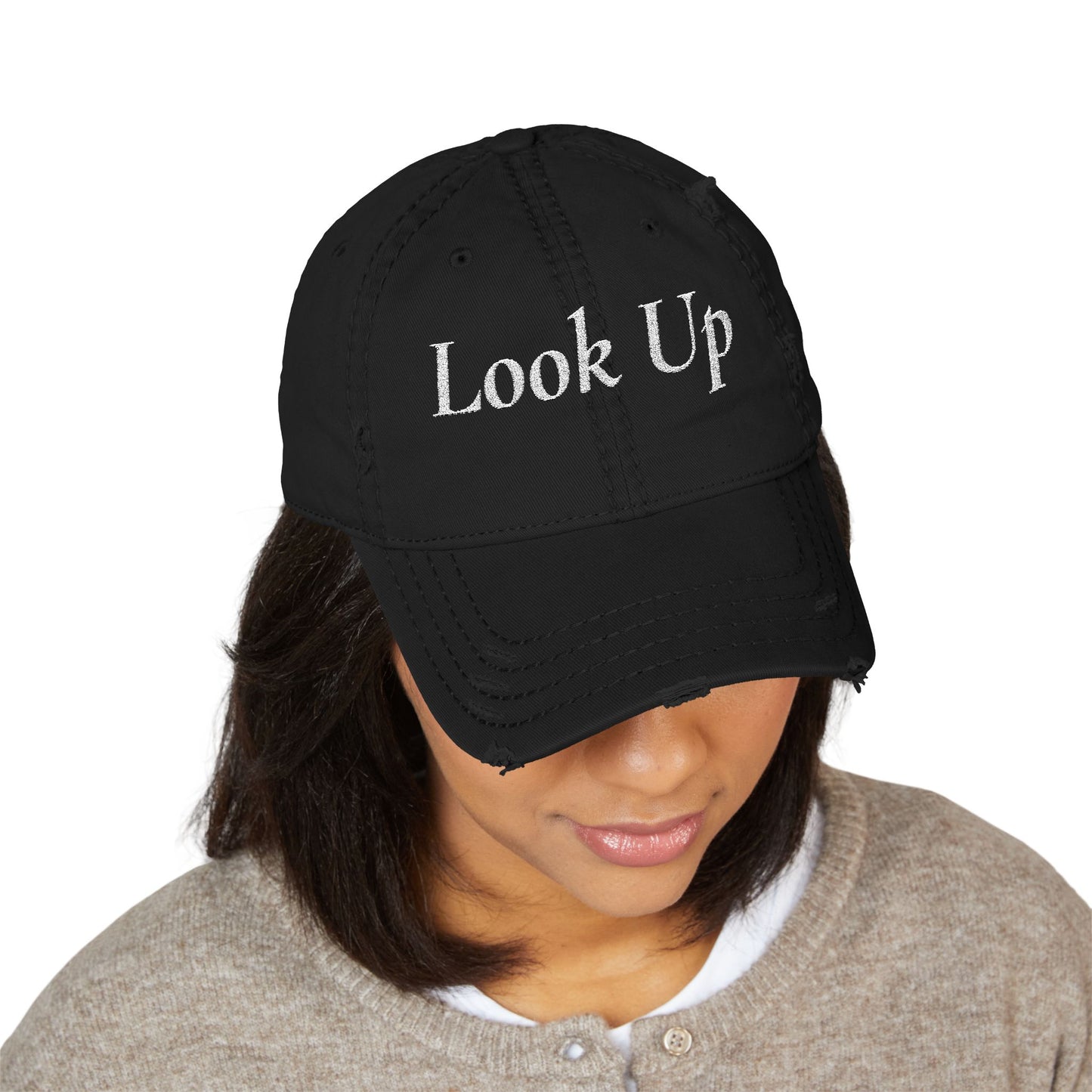 Embroidered Distressed Dad Hat - “Look Up” Front & Psalm 121 Back