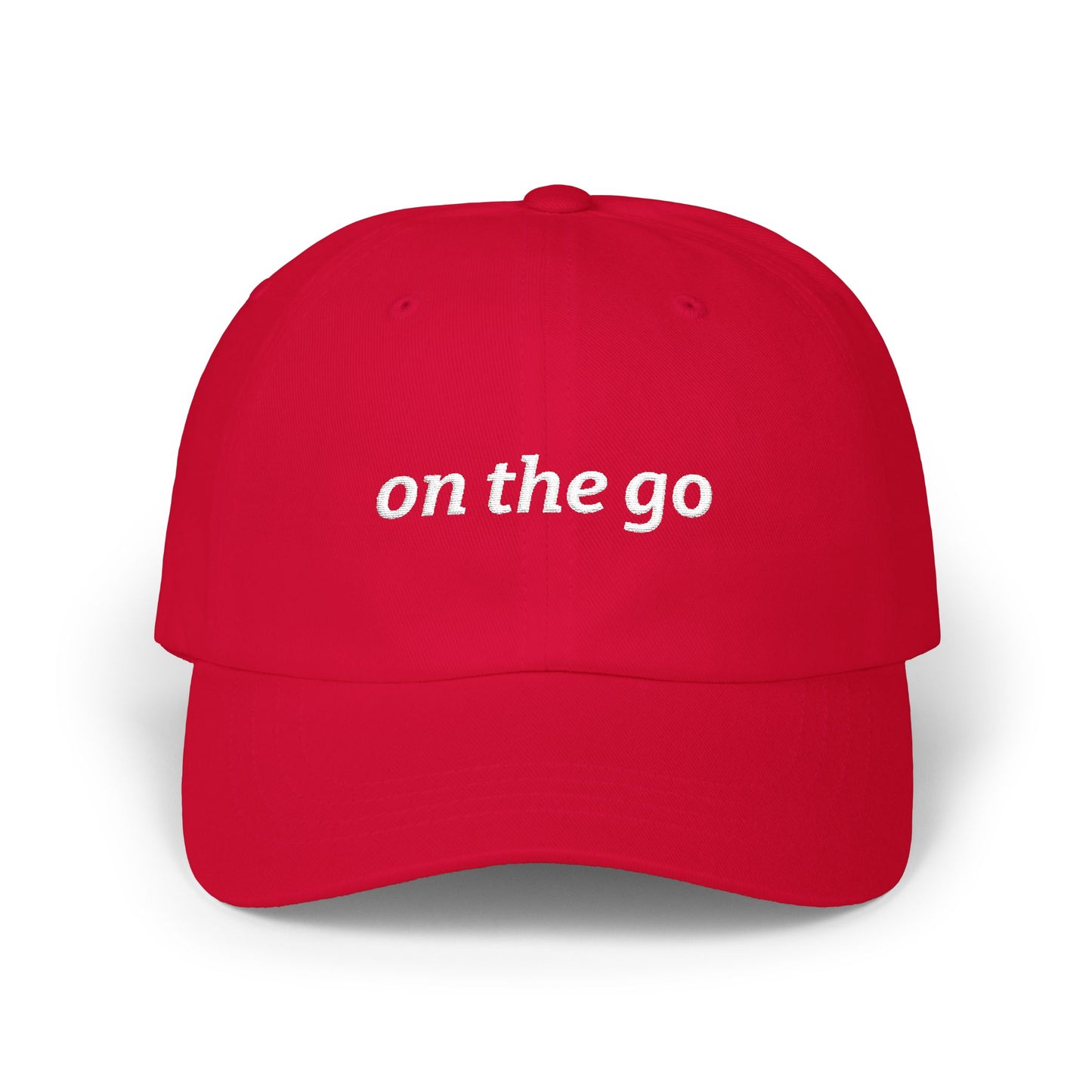 on the go embroidered classic dad cap - small arrows on back, white thread