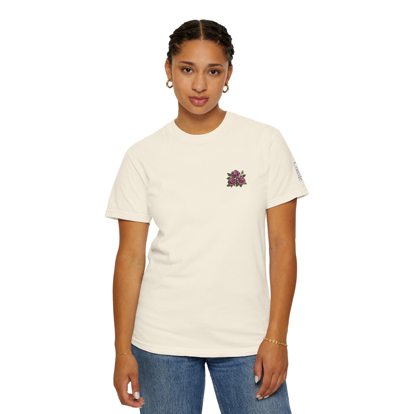 Simple Rose Bouquet Embroidered T-Shirt with Sleeve Detail