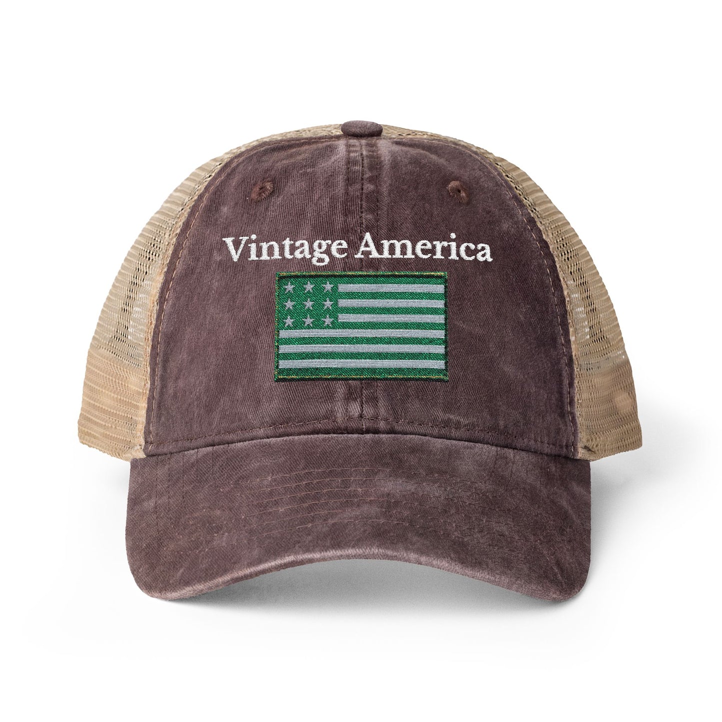 Vintage America Women’s Washed Mesh-Back Cap – Embroidered Olive Heritage Flag Hat