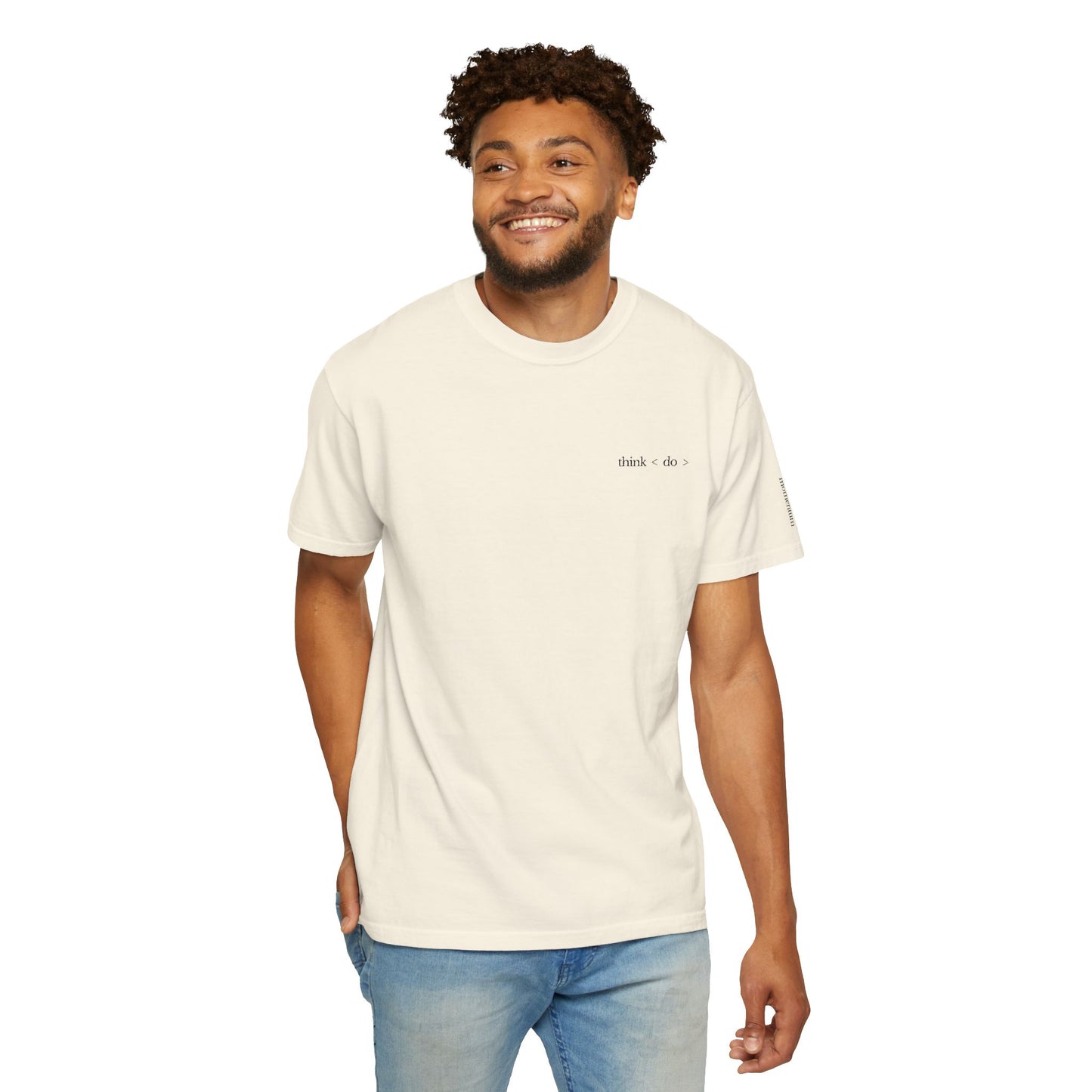 think < do > Embroidered Unisex T-Shirt | Espresso Thread with Momentum Sleeve Detail | Minimalist Everyday Tee