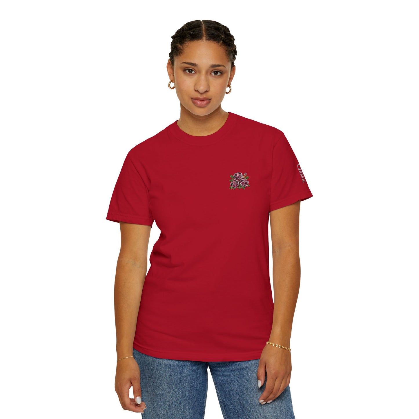 Simple Rose Bouquet Embroidered T-Shirt with Sleeve Detail