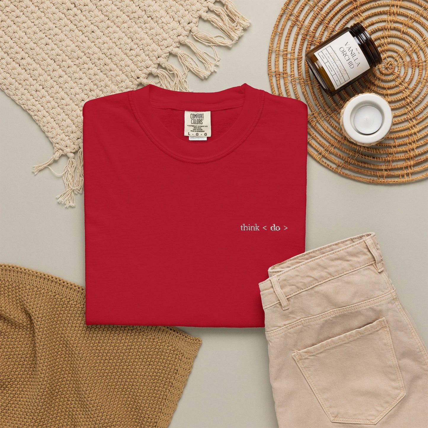 Think < Do > Embroidered Unisex T-Shirt | Minimalist Everyday Tee | Ivory Thread