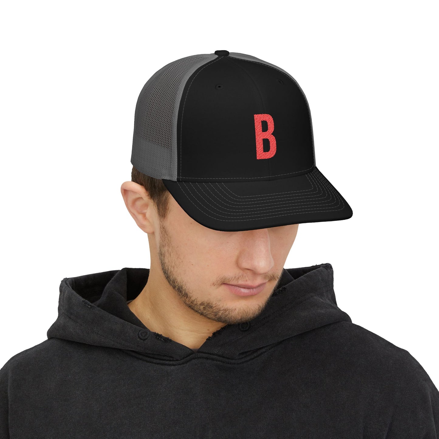Boston (B) red embroidered Monogram Snapback Trucker Cap - Heritage Places Collection