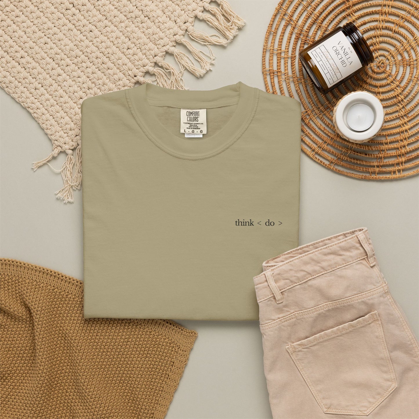 think < do > Embroidered Unisex T-Shirt | Espresso Thread with Momentum Sleeve Detail | Minimalist Everyday Tee