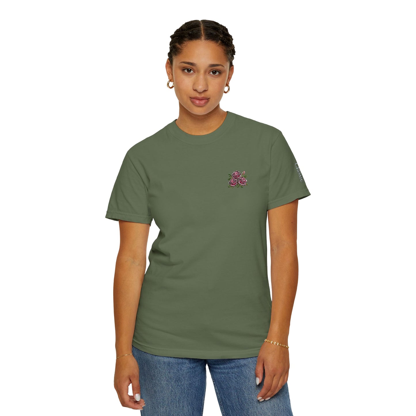 Simple Rose Bouquet Embroidered T-Shirt with Sleeve Detail