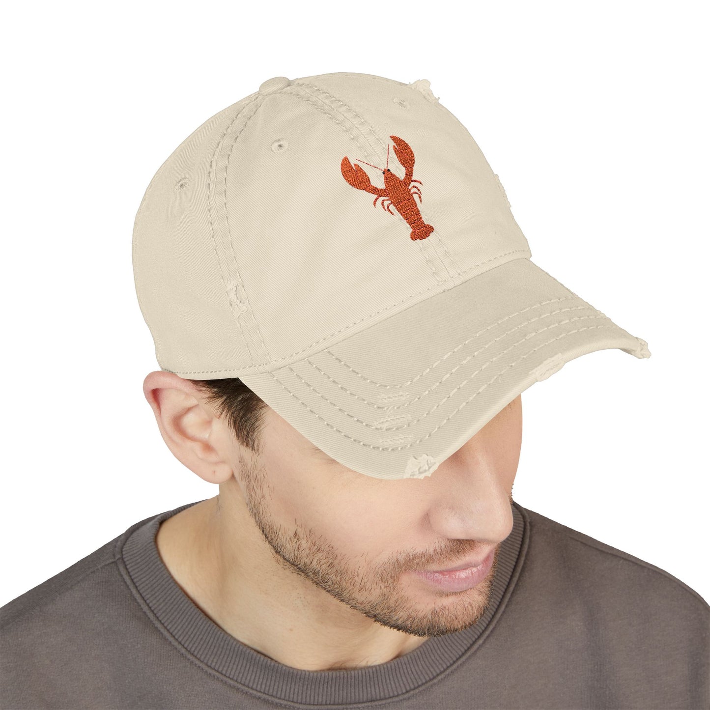 Distressed Embroidered Lobster Dad Hat — Vintage Washed Baseball Cap