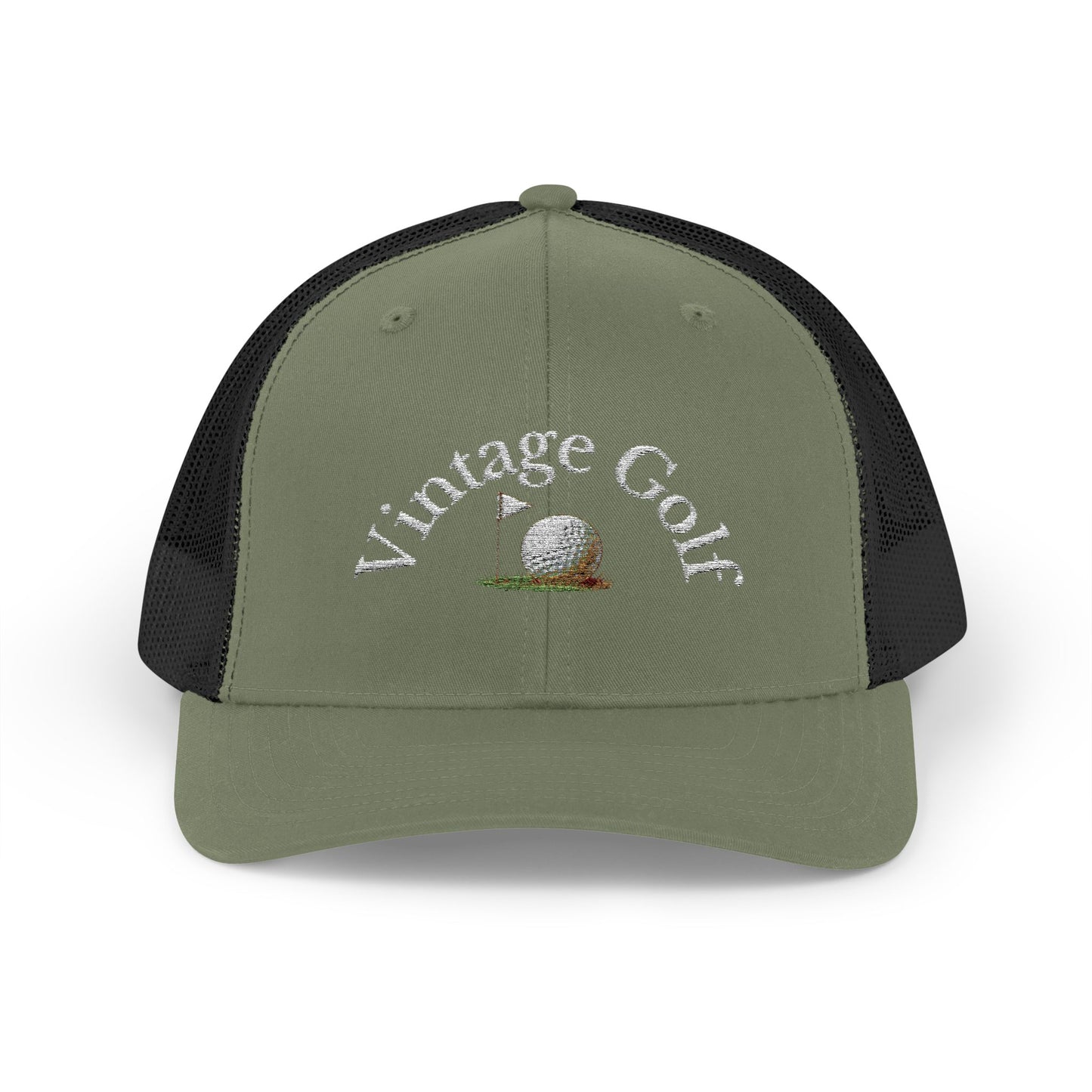 Vintage Golf Trucker Cap – Embroidered Golf Ball Flag Hat – Heritage Style Golf Hat