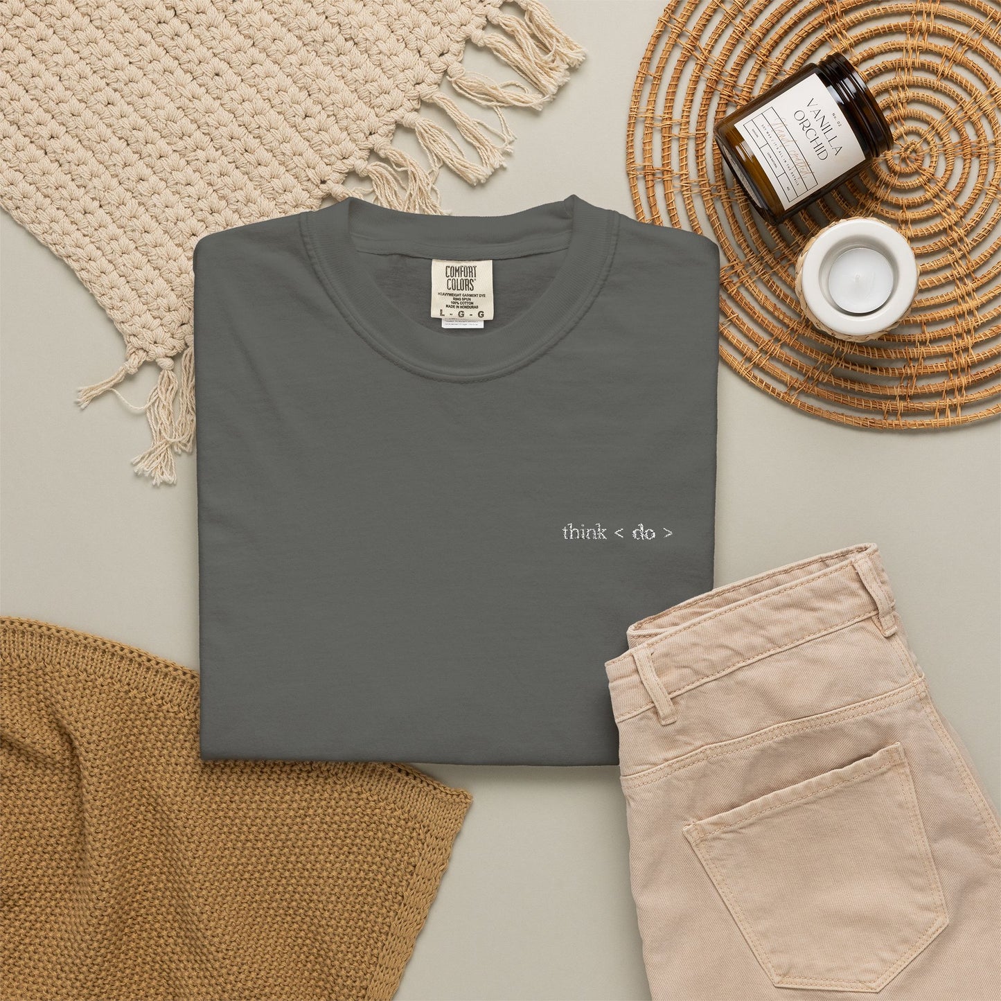 Think < Do > Embroidered Unisex T-Shirt | Minimalist Everyday Tee | Ivory Thread