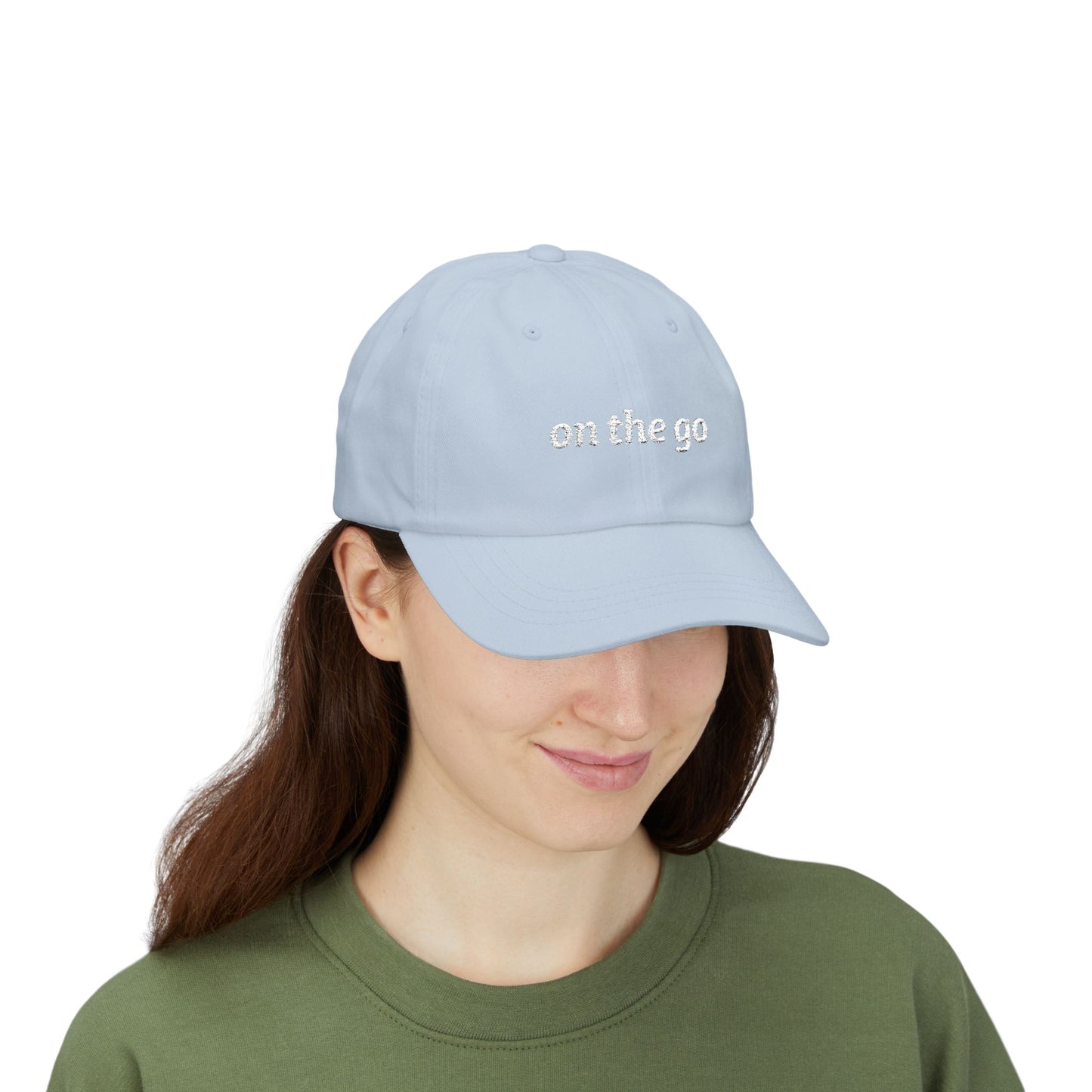 on the go embroidered classic dad cap - small arrows on back, white thread