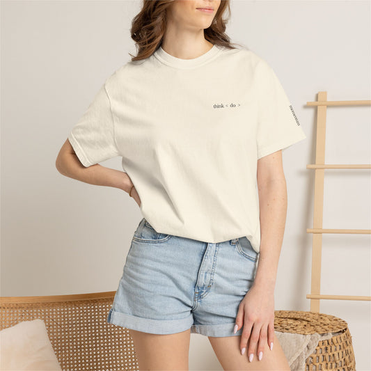 think < do > Embroidered Unisex T-Shirt | Espresso Thread with Momentum Sleeve Detail | Minimalist Everyday Tee