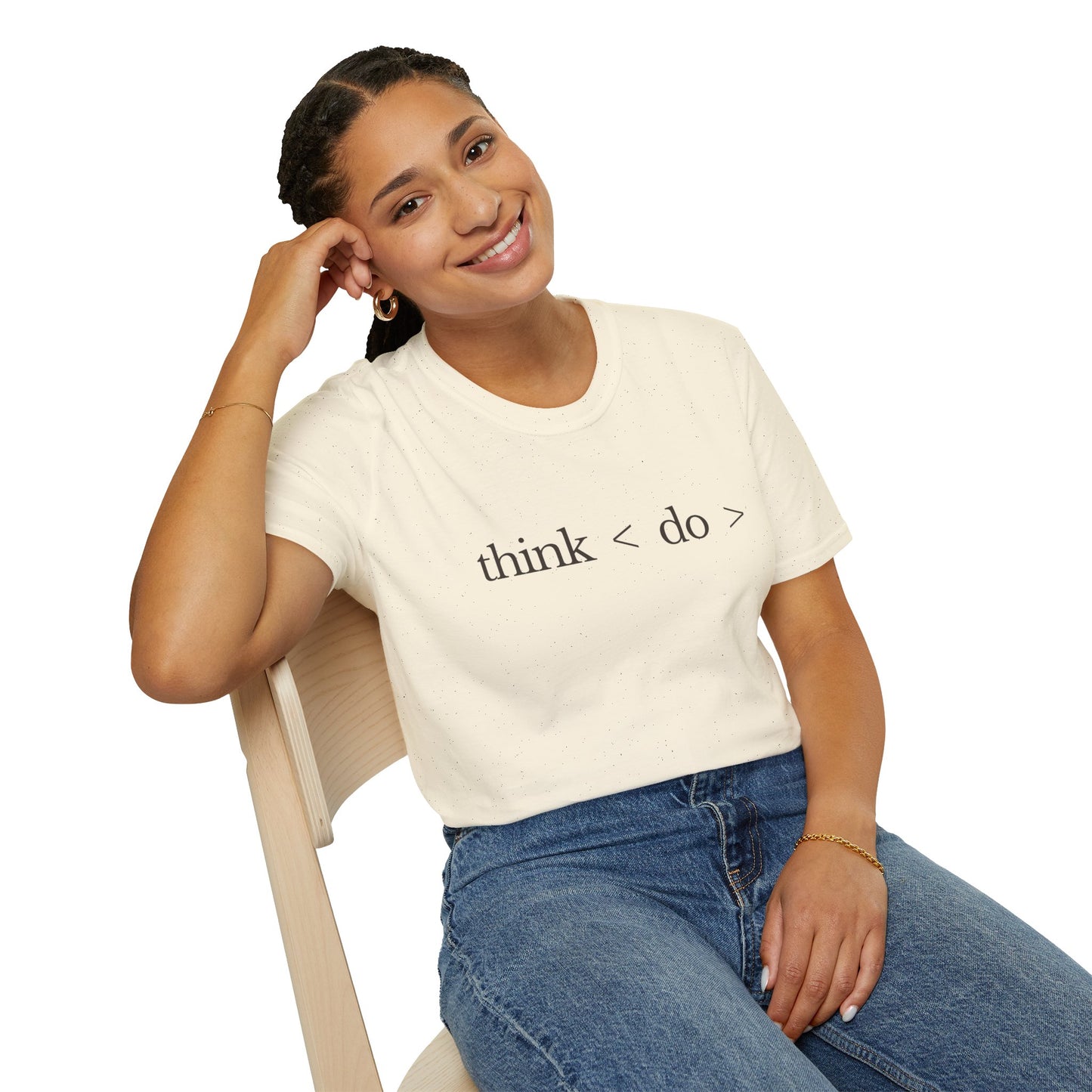 think < do > Unisex Softstyle T-Shirt | Minimalist Inspirational Tee with Momentum Back Detail