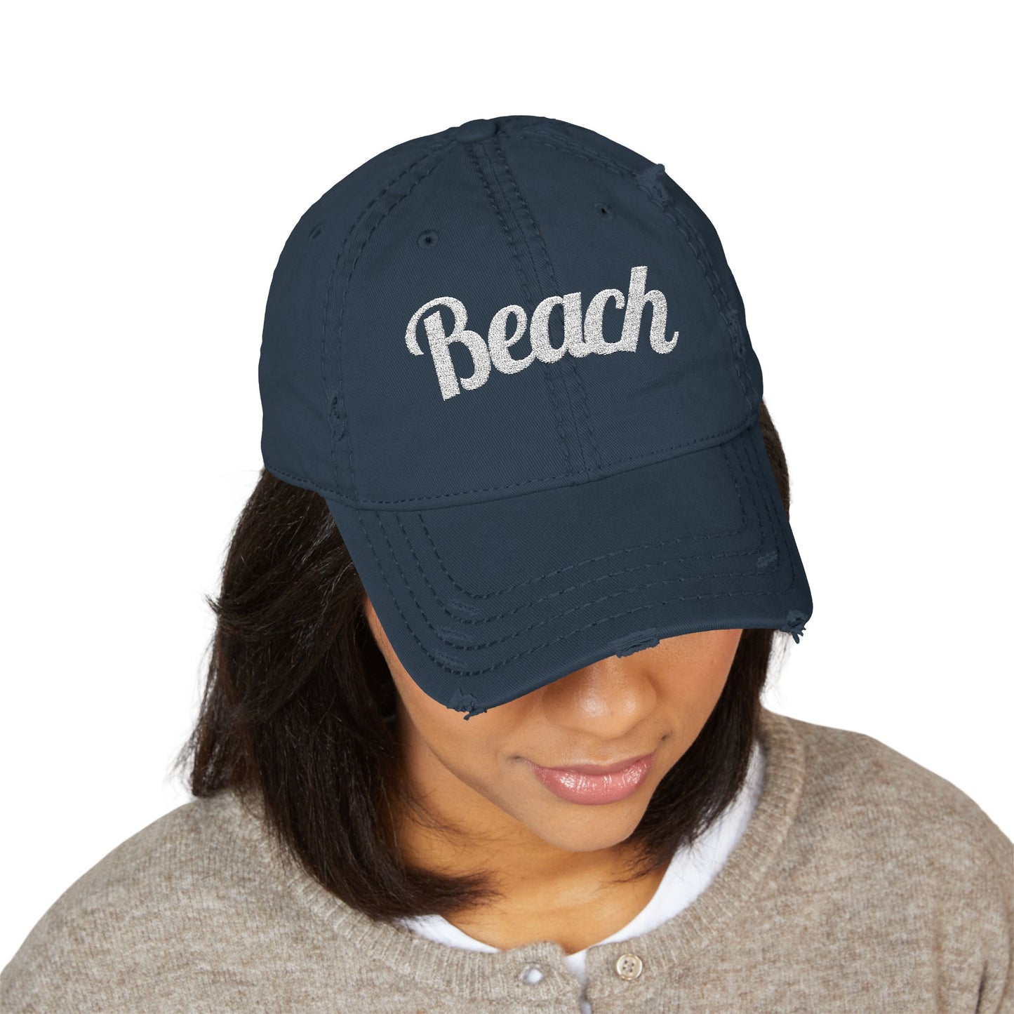 Beach Embroidered Distressed Dad Hat — Vintage Washed Baseball Cap