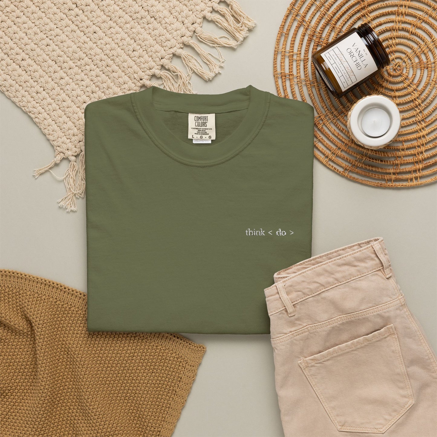 Think < Do > Embroidered Unisex T-Shirt | Minimalist Everyday Tee | Ivory Thread